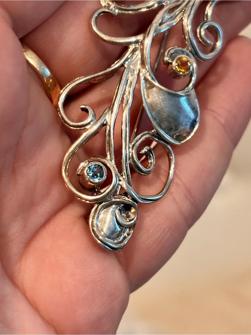 Vintage Designer 925 Sterling Silver & Precious Gemstone Embellished Brooch